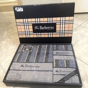 VTG Burberry Bath Towel & 2 Face towel Set Cotton 100%‎ Box Japan Blue & Gray